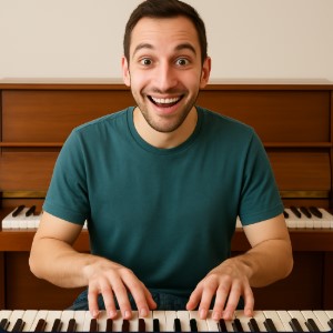man playng a piano and speaking green tshirt