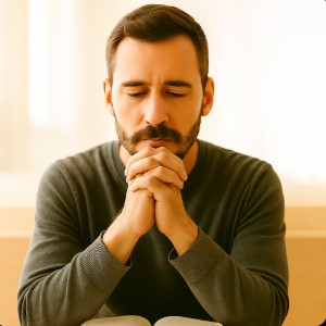man praying at church white light closed eyes