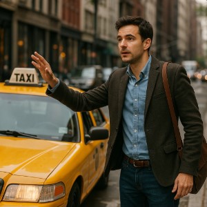man taking a taxi he is wearing in blue and gray