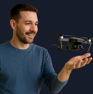 man to tech with a drone fliying