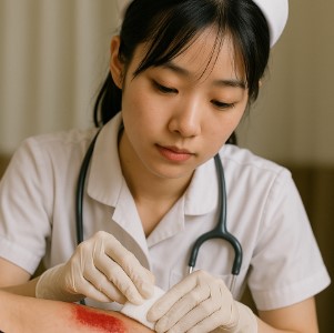 nurse in white treating a wound