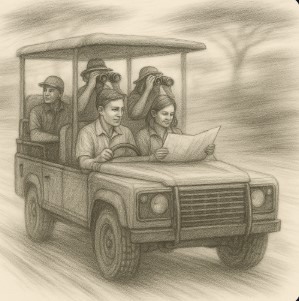 people in safari jeep pencil draw