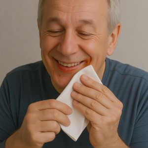 senior with a handcarchief is cleaning his mouth
