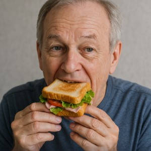 senior eating a sandwich 