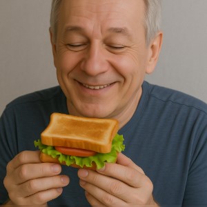 senior with a sandwich in hands