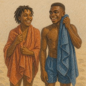 a pencil draw they _african_ are in the beach drying with towels