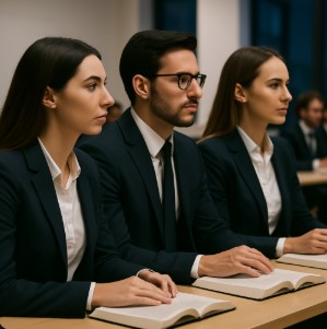 they adults are studying in the classroom they are focussed expressionless
