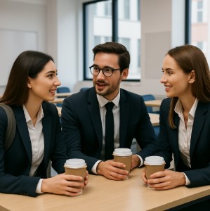 they are sitting theyre going to study talking togheter