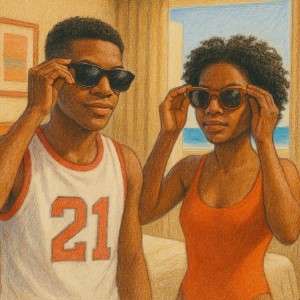 they brother and sister african with sun glases in the room window sea