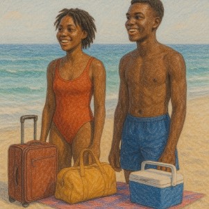 pencil drawn they are in the beach 2 african guy and miss