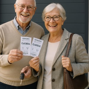 they senior lady with two tickets smiling