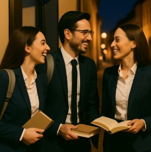 they studied they are smiling at night talking in the street