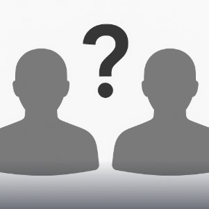 Who silouetes 2 gray color on blanck with a question sign