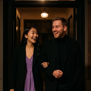 woman and man holding arms speaking night liught in black