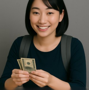 a young woman counting money and smiling