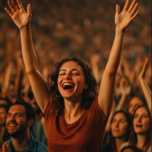 woman hands up living an experience on within many people