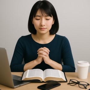 woman praying before work at the office