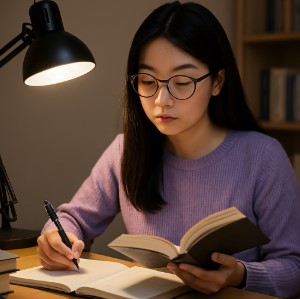 woman she is studying she is stting int he desk wearing glasses