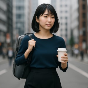 woman with backack and cup of coffee