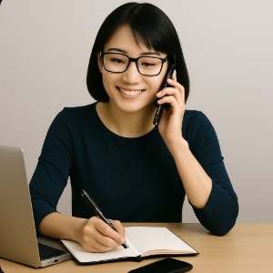 woman working at office with a computer, mobile a notebook 