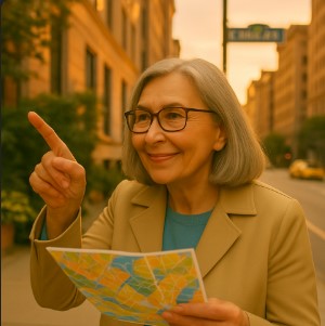 lady at the city pointing with finger exterior day light