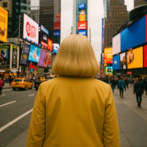 lady from back at time square exterior daylight