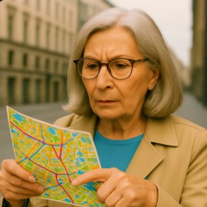 lady with a map in the city she wears glasses exterior day light.